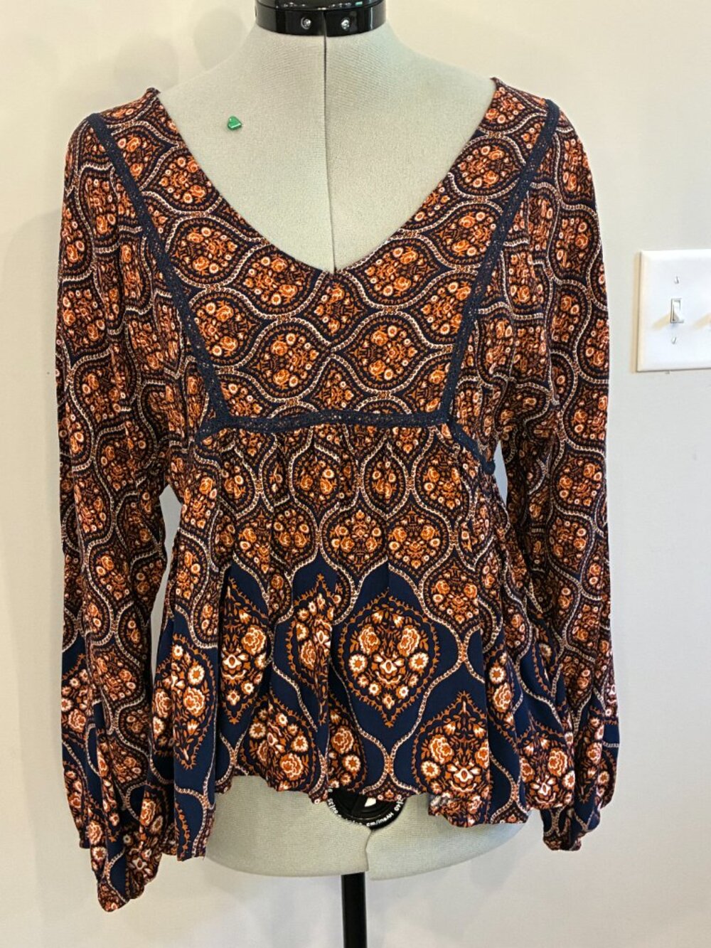 Blue Rain Boho Floral Peasant Blouse Navy Orange Long Sleeve Babydoll M 0376